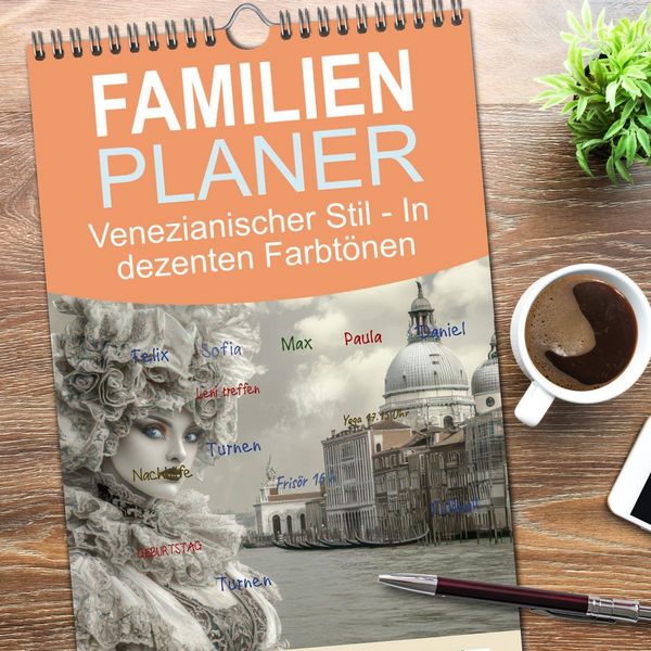 Produktbild: Familienplaner 2026 - Venezianischer Stil - In dezenten Farbt&ouml;nen mit 5 Spalten (Wandkalender, 21 x 45 cm) CALVENDO