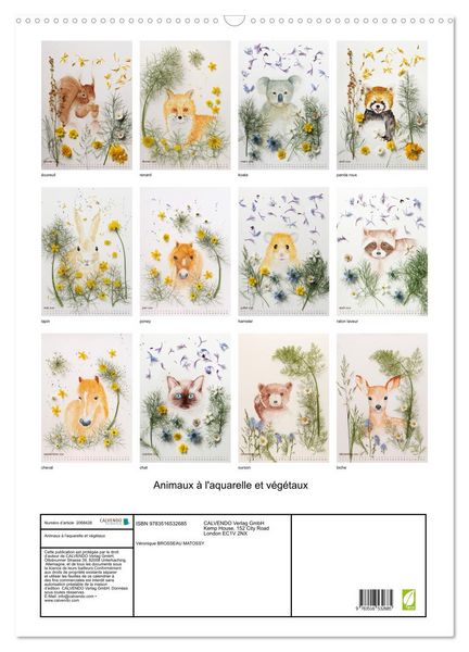 Produktbild: Animaux &agrave; l'aquarelle et v&eacute;g&eacute;taux (Calendrier mural 2026 DIN A2 horizontal), CALVENDO calendrier mensuel