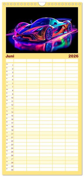 Produktbild: Familienplaner 2026 - Futuristische Neon Cars mit 5 Spalten (Wandkalender, 21 x 45 cm) CALVENDO