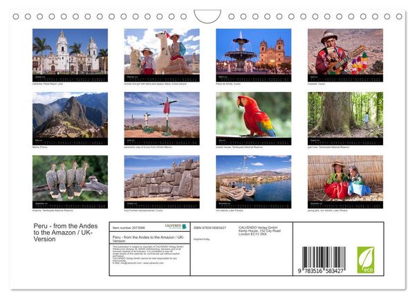 Produktbild: Peru - from the Andes to the Amazon / UK-Version (Wall Calendar 2026 DIN A4 landscape), CALVENDO 12 Month Wall Calendar