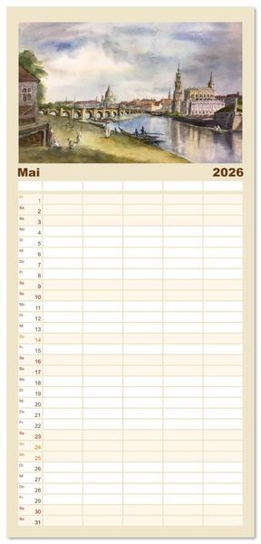 Produktbild: Familienplaner 2026 - Dresden und das Elbtal - Ein Aquarellkalender von Claudia Pinkau mit 5 Spalten (Wandkalender, 21 x 45 cm) CALVENDO