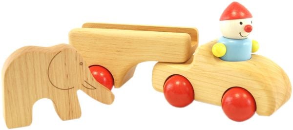 Produktbild: Pfingstweid - Tiertransporter Simon aus Erle mit abnehmbarem Anh&auml;nger und Elefant, sowie mit flexiblem Stehwicht Marco, R&auml;der aus Buche (Holz)