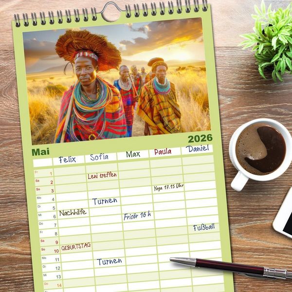 Produktbild: Familienplaner 2026 - Afrika begeistert - Afrikas Sch&ouml;nheit mit 5 Spalten (Wandkalender, 21 x 45 cm) CALVENDO