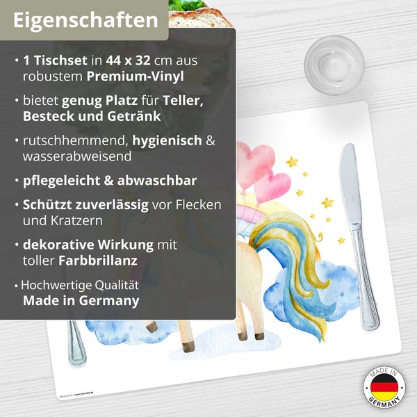 Produktbild: Tischsetmacher Tischset f&uuml;r Kinder Einhorn in den Wolken, aus hochwertigem Vinyl , 44 x 32 cm