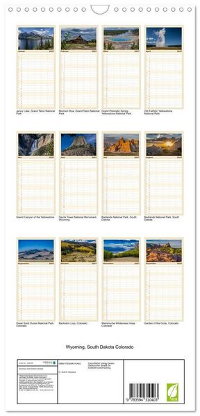 Produktbild: Familienplaner 2027 - Wyoming, South Dakota Colorado mit 5 Spalten (Wandkalender, 21 x 45 cm) CALVENDO