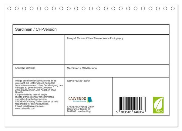 Produktbild: Sardinien / CH-Version (Tischkalender 2026 DIN A5 quer), CALVENDO Monatskalender