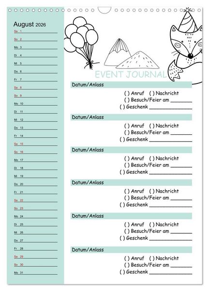 Produktbild: Geburtstagsplaner Doodle Tiere - F&uuml;r Termine, Geschenke, Eventdetails & mehr (Wandkalender 2026 DIN A3 hoch), CALVENDO Monatskalender