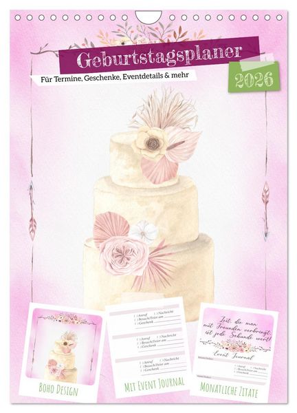Produktbild: Geburtstagsplaner Boho Rosa - F&uuml;r Termine, Geschenke, Eventdetails & mehr (Wandkalender 2026 DIN A4 hoch), CALVENDO Monatskalender