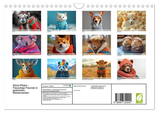 Produktbild: Strick-Pfoten - Flauschige Freunde in gestrickten Meisterwerken (Wandkalender 2026 DIN A4 quer), CALVENDO Monatskalender
