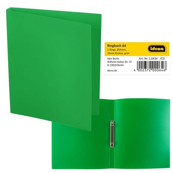 Produktbild: Idena Ringbuch aus Kunststoff 2 Ringe gr&uuml;n DIN A4 R&uuml;ckenbreite 2cm