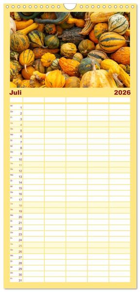 Produktbild: Familienplaner 2026 - K&Uuml;RBIS KALENDER - Die sch&ouml;nsten K&uuml;rbisse des Jahres mit 5 Spalten (Wandkalender, 21 x 45 cm) CALVENDO