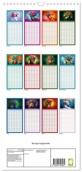 Produktbild: Familienplaner 2027 - Blumige Vogelportr&auml;ts mit 5 Spalten (Wandkalender, 21 x 45 cm) CALVENDO