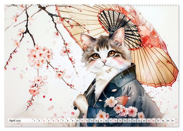 Produktbild: Geisha-Katzen - Mit Bl&uuml;ten, Schirm und Bambus im Japanstil (hochwertiger Premium Wandkalender 2026 DIN A2 quer), Kunstdruck in Hochglanz
