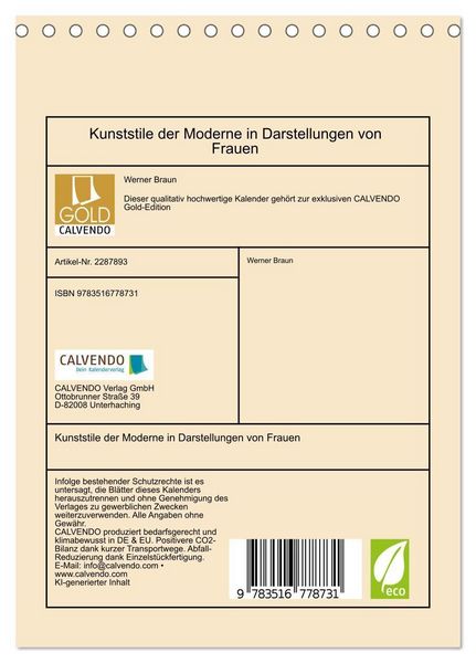 Produktbild: Kunststile der Moderne in Darstellungen von Frauen (Tischkalender 2027 DIN A5 hoch), CALVENDO Monatskalender