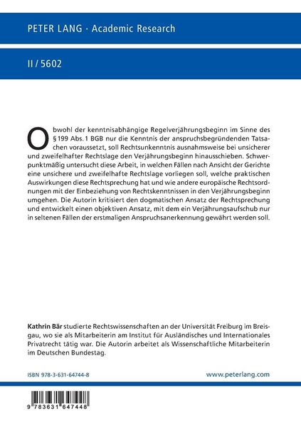 Produktbild: Die Verj&auml;hrung von Anspr&uuml;chen bei unsicherer und zweifelhafter Rechtslage