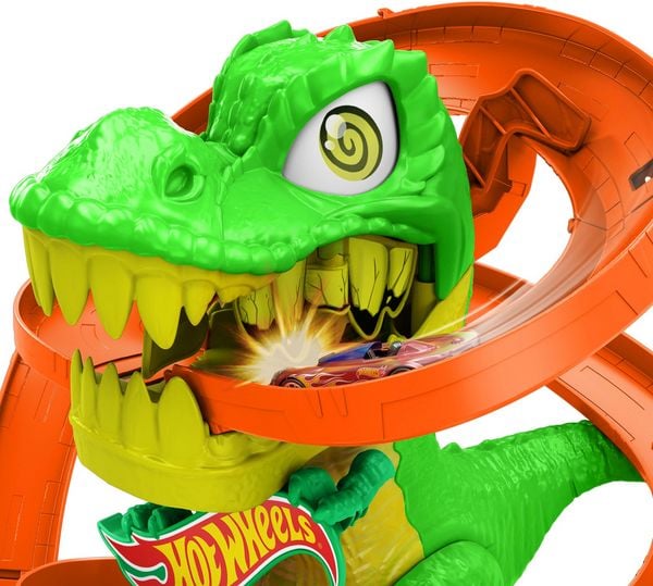 Produktbild: Hot Wheels City T-Rex-Feuerschlacht Spielset und Die-Cast-Spielzeugauto im Maßstab 1:64, gegnerischer Dinosaurier