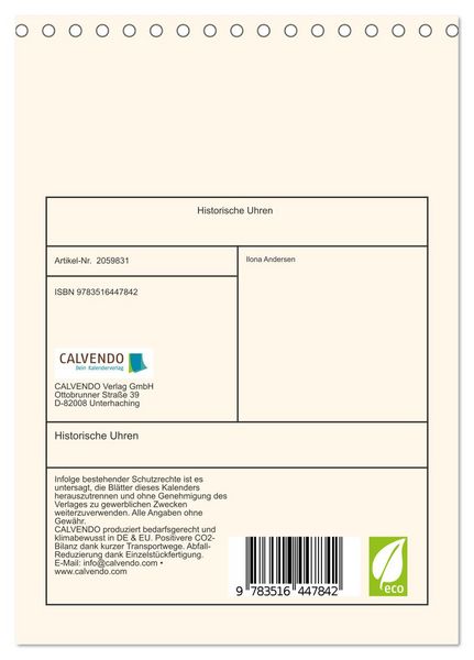 Produktbild: Historische Uhren (Tischkalender 2026 DIN A5 hoch), CALVENDO Monatskalender