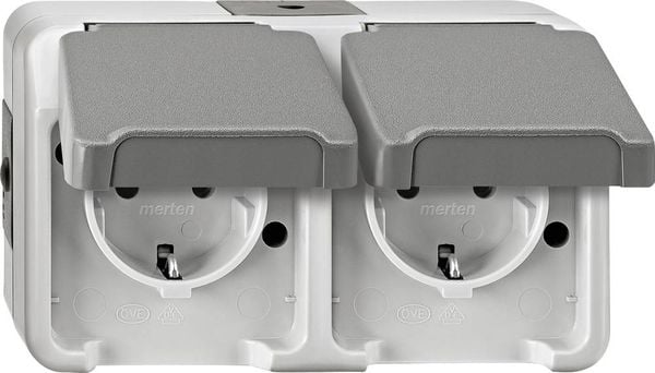 Produktbild: Merten 2fach Feuchtraum-Schalterprogramm Komplett Schutzkontakt-Steckdose mit Klappdeckel AQUASTAR Lichtgrau 4074947 1 St.
