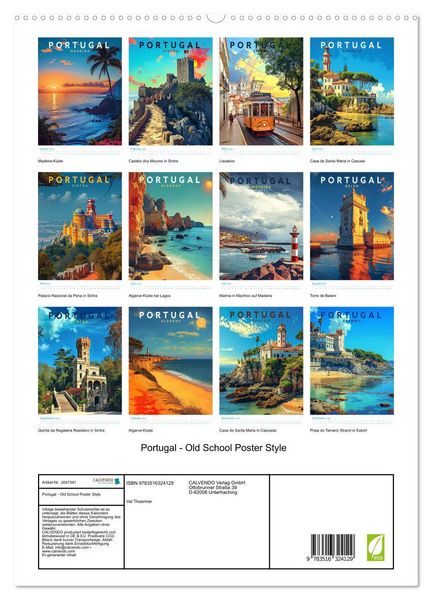 Produktbild: Portugal - Old School Poster Style (hochwertiger Premium Wandkalender 2026 DIN A2 hoch), Kunstdruck in Hochglanz