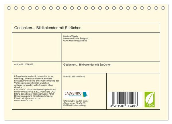 Produktbild: Gedanken... Bildkalender mit Spr&uuml;chen (Tischkalender 2026 DIN A5 quer), CALVENDO Monatskalender