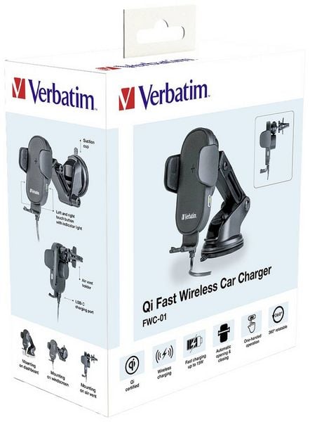 Produktbild: Verbatim Induktions-Ladeger&auml;t 15 W FWC-01 Qi Fast Wireless Car Charger 49552 Ausg&auml;nge Magnetanschluss Schwarz