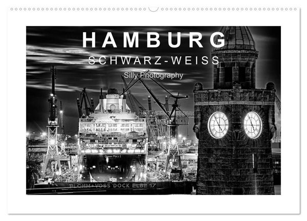 Hamburg in schwarz-weiss (Wandkalender 2026 DIN A2 quer), CALVENDO Monatskalender