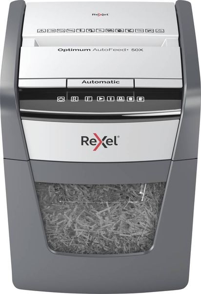 Rexel Optimum AutoFeed+ 50X Aktenvernichter 50 Blatt Partikelschnitt 4 x 28 mm P-4 20 l Vernichtet auch Büroklammern, He
