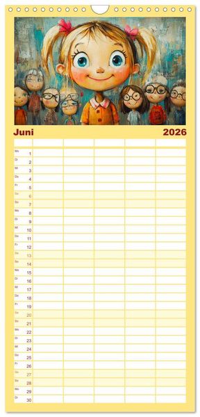 Produktbild: Familienplaner 2026 - Fr&ouml;hliche Kinder. Bezaubernde Schulm&auml;dchen im &Ouml;lbilder-Stil mit 5 Spalten (Wandkalender, 21 x 45 cm) CALVENDO