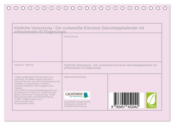 Produktbild: K&ouml;stliche Versuchung - Der zuckers&uuml;&szlig;e Eiscreme Geburtstagskalender mit erfrischenden KI Eisgen&uuml;ssen (Tischkalender 2026 DIN A5 quer), CALVENDO Monatskalender