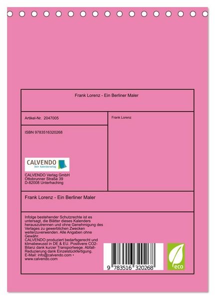 Produktbild: Frank Lorenz - Ein Berliner Maler (Tischkalender 2026 DIN A5 hoch), CALVENDO Monatskalender