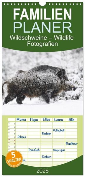 Produktbild: Familienplaner 2026 - Wildschweine &ndash; Wildlife Fotografien mit 5 Spalten (Wandkalender, 21 x 45 cm) CALVENDO