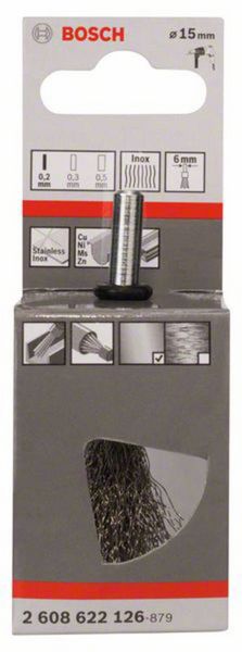 Produktbild: Bosch Accessories Pinselb&uuml;rste, gewellt, rostfrei, 0,2 mm, 15 mm, 4500 U/ min Schaft-&Oslash; 6 mm 2608622126 1 St.