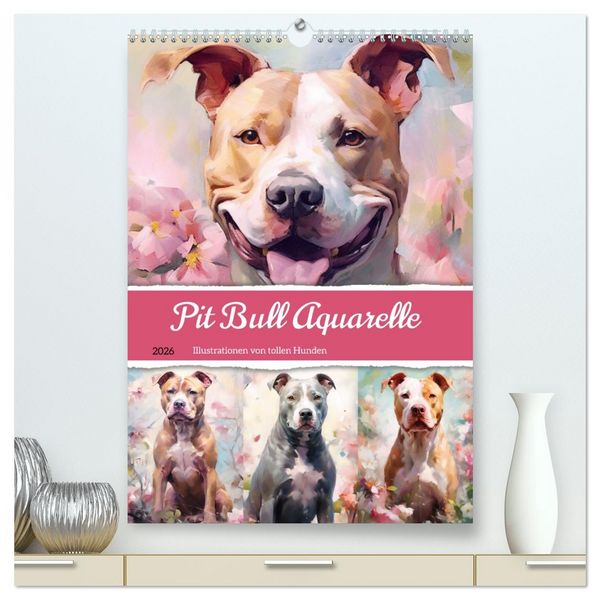 Produktbild: Pit Bull Aquarelle. Illustrationen von tollen Hunden (hochwertiger Premium Wandkalender 2026 DIN A2 hoch), Kunstdruck in Hochglanz