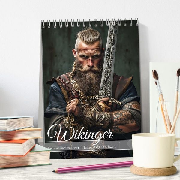 Produktbild: Wikinger - Fantasie Nordm&auml;nner mit Tattoo, Axt und Schwert (Tischkalender 2026 DIN A5 hoch), CALVENDO Monatskalender