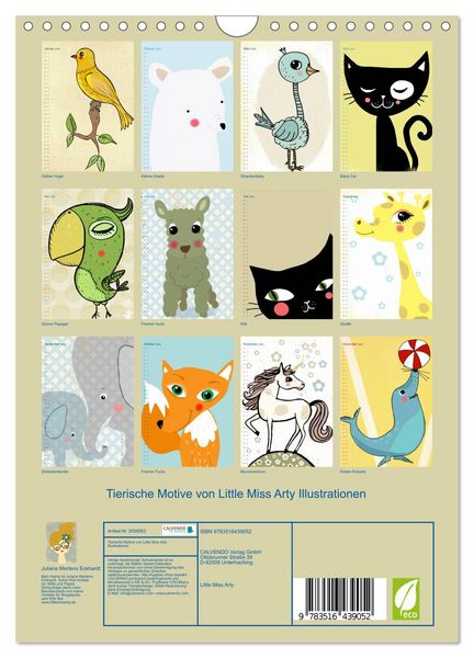 Produktbild: Tierische Motive von Little Miss Arty Illustrationen (Wandkalender 2026 DIN A4 hoch), CALVENDO Monatskalender
