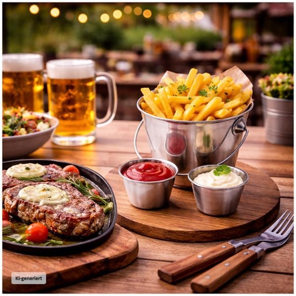Produktbild: neuetischkultur Edelstahl Pommes Servierset Eimer mit 2 Dipschalen Snack Set modern