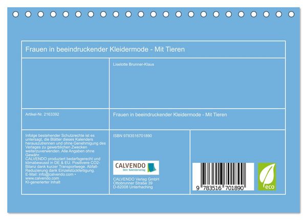 Produktbild: Frauen in beeindruckender Kleidermode - Mit Tieren (Tischkalender 2026 DIN A5 quer), CALVENDO Monatskalender