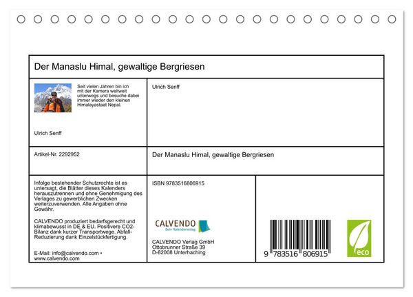 Produktbild: Der Manaslu Himal, gewaltige Bergriesen (Tischkalender 2027 DIN A5 quer), CALVENDO Monatskalender