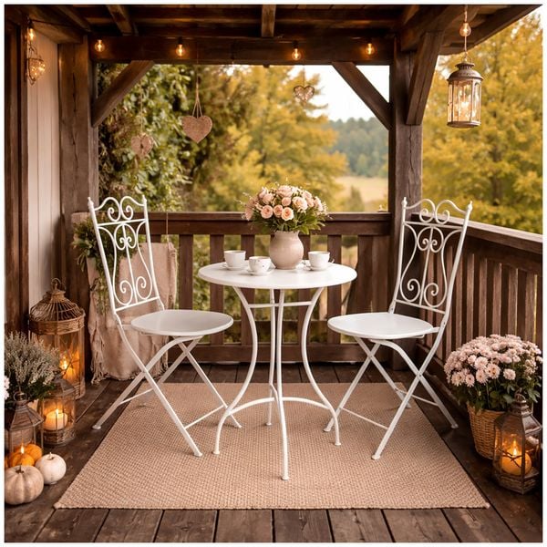 Produktbild: HTI-Living Bistro Sitzgruppe Metall Creme Tisch mit 2 St&uuml;hlen Balkon Set Gartenm&ouml;bel