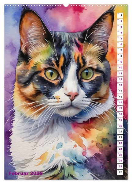 Produktbild: KATZENKALENDER - Aquarell Katzenportraits f&uuml;r Katzenliebhaber (Wandkalender 2026 DIN A2 hoch), CALVENDO Monatskalender