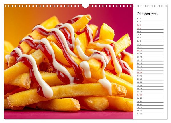 Produktbild: Pommes Rot-Wei&szlig; - Fastfood-Humor mit knusprigen Fritten, Ketchup und Mayo (Wandkalender 2026 DIN A3 quer), CALVENDO Monatskalender