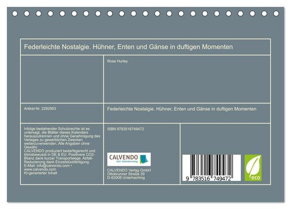 Produktbild: Federleichte Nostalgie. H&uuml;hner, Enten und G&auml;nse in duftigen Momenten (Tischkalender 2027 DIN A5 quer), CALVENDO Monatskalender