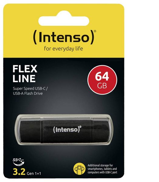 Produktbild: Intenso Flex Line USB-Stick Retail 64 GB Schwarz 3544490 USB-A (USB 3.2 Gen 1), USB-C&reg; (USB 3.2 Gen 1)