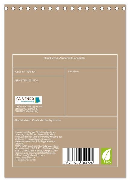 Produktbild: Raubkatzen. Zauberhafte Aquarelle (Tischkalender 2026 DIN A5 hoch), CALVENDO Monatskalender