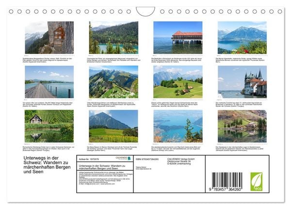 Produktbild: Unterwegs in der Schweiz: Wandern zu m&auml;rchenhaften Bergen und Seen (Wandkalender 2026 DIN A4 quer), CALVENDO Monatskalender