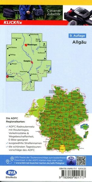 Produktbild: ADFC-Regionalkarte Allg&auml;u 1:75.000, mit Tagestourenvorschl&auml;gen, rei&szlig;- und wetterfest, E-Bike-geeignet, GPS-Tracks-Download