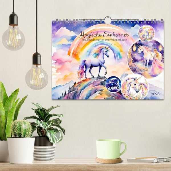 Produktbild: Magische Einh&ouml;rner - Traumlandschaften unterm Regenbogen (Wandkalender 2026 DIN A4 quer), CALVENDO Monatskalender
