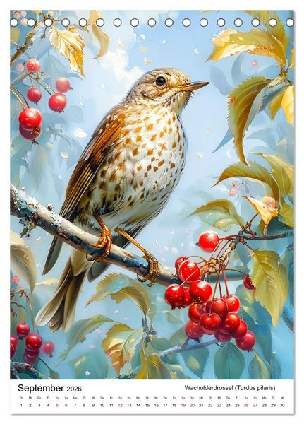 Produktbild: Heimische V&ouml;gel - Singv&ouml;gel zwischen Bl&uuml;ten und Beeren (Tischkalender 2026 DIN A5 hoch), CALVENDO Monatskalender