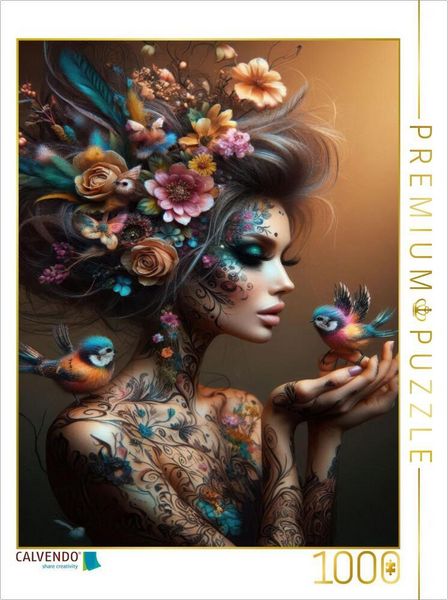 CALVENDO Puzzle Portrait einer Frau mit orangenen organischen Haarschmuck und Paradiesvögeln auf der Hand | 1000 Teile Lege-Größe 64x48cm Foto-Puzzle