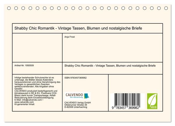 Produktbild: Shabby Chic Romantik - Vintage Tassen, Blumen und nostalgische Briefe (Tischkalender 2026 DIN A5 quer), CALVENDO Monatskalender